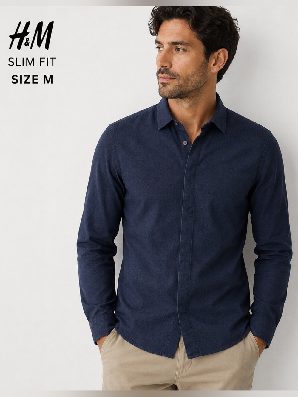H&M Men’s Slim Fit Navy Blue 100% Cotton Long Sleeve Button-Up Shirt Size M